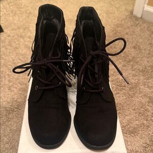 Sugar Black Lace Up Boots with Fringe